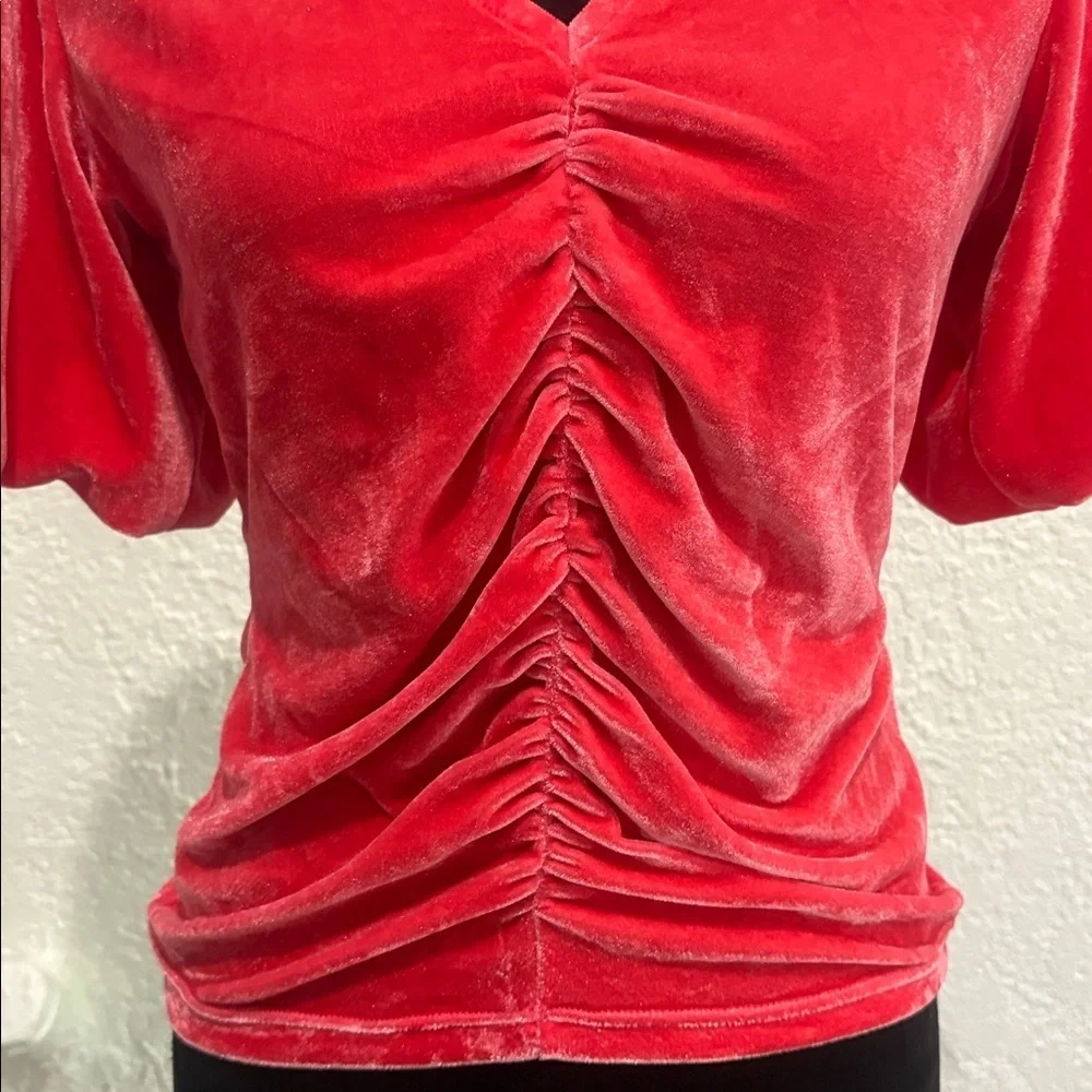 Free People Pink Velvet Top Size Medium V-Neck Puff Sleeve Blouse